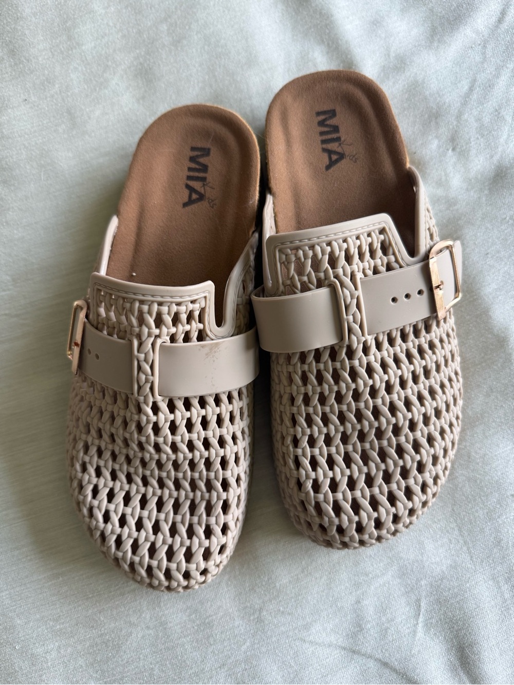 MIA Jelly Slip-On Clogs in Light Beige with Rose Gold Buckles